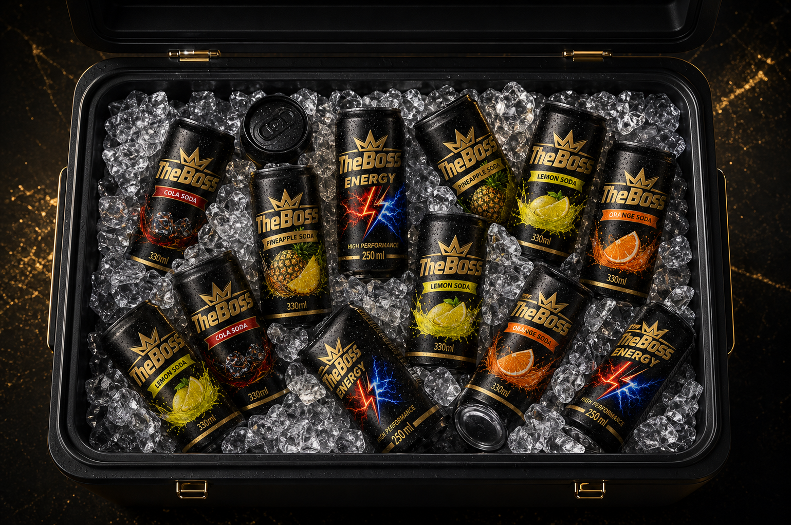 Top view of a black premium ice cooler filled with THE BOSS Cola, Energy, Pineapple, Lemon and Orange cans